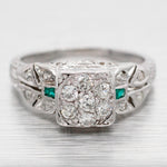 Antique Art Deco 0.25ctw Diamond & Emerald Nature Band Ring - 14k White Gold