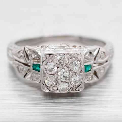 Antique Art Deco 0.25ctw Diamond & Emerald Nature Band Ring - 14k White Gold