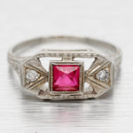 Antique Art Deco Square Ruby & Diamond Band Ring - 18k White Gold