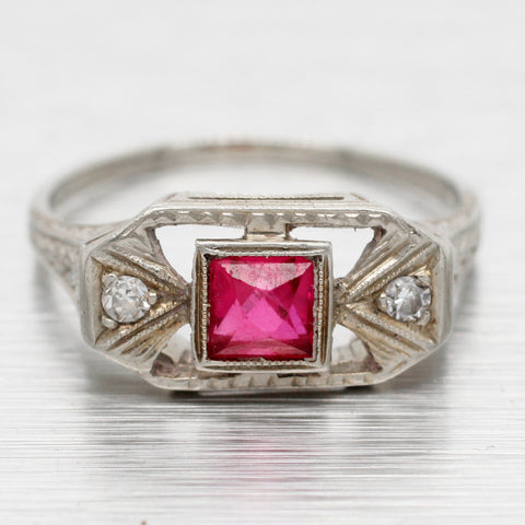 Antique Art Deco Square Ruby & Diamond Band Ring - 18k White Gold