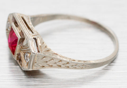 Antique Art Deco Square Ruby & Diamond Band Ring - 18k White Gold