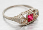 Antique Art Deco Square Ruby & Diamond Band Ring - 18k White Gold