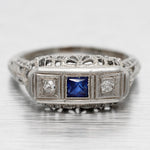 Antique Art Deco Square Sapphire & Diamond Band Ring - 18k White Gold