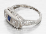 Antique Art Deco Square Sapphire & Diamond Band Ring - 18k White Gold