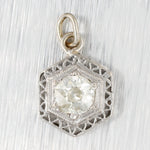 Antique Art Deco 0.50ct Diamond Hexagon Charm - 14k White Gold Filigree Setting