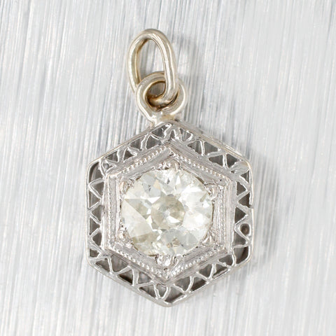 Antique Art Deco 0.50ct Diamond Hexagon Charm - 14k White Gold Filigree Setting