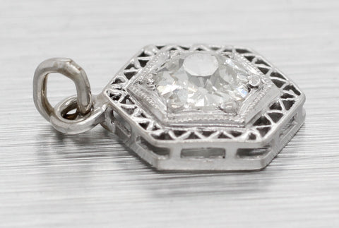 Antique Art Deco 0.50ct Diamond Hexagon Charm - 14k White Gold Filigree Setting