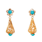 Vintage Turquoise Filigree Swirled Cone Dangle Earrings - Solid 14k Yellow Gold