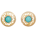 Vintage Turquoise Filigree Circle Stud Earrings - Solid 14k Yellow Gold