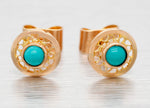 Vintage Turquoise Filigree Circle Stud Earrings - Solid 14k Yellow Gold
