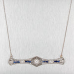 Antique Art Deco Diamond & Sapphire Platinum Pendant - 14k White Gold Necklace
