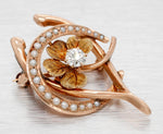 Antique Art Nouveau Lucky Brooch Pin - 10k Rose Gold Horseshoe Clover & Wishbone