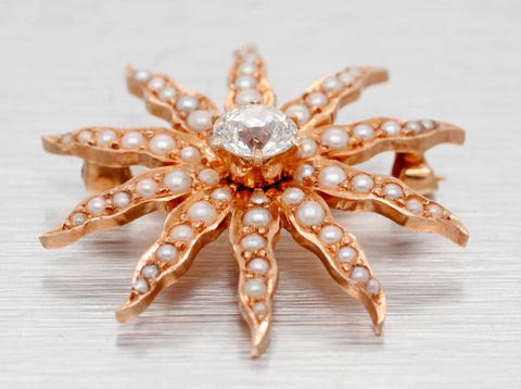 Antique Art Deco Sunstar Diamond & Pearl Starfish Charm / Brooch Pin - 14k Yellow Gold