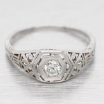 Antique Art Deco Solitaire 0.15ct Diamond Hexagon Band Ring - 14k White Gold