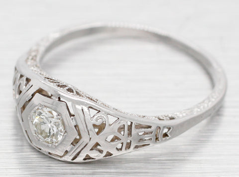 Antique Art Deco Solitaire 0.15ct Diamond Hexagon Band Ring - 14k White Gold