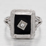 Antique Art Deco Rectangular Onyx & Diamond Signet Ring - 14k White Gold
