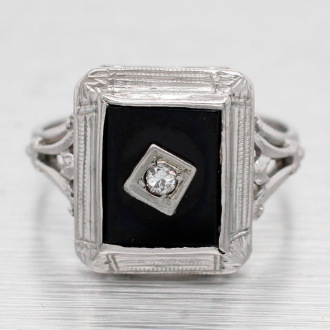 Antique Art Deco Rectangular Onyx & Diamond Signet Ring - 14k White Gold