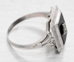 Antique Art Deco Rectangular Onyx & Diamond Signet Ring - 14k White Gold