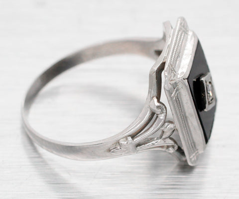 Antique Art Deco Rectangular Onyx & Diamond Signet Ring - 14k White Gold