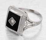 Antique Art Deco Rectangular Onyx & Diamond Signet Ring - 14k White Gold