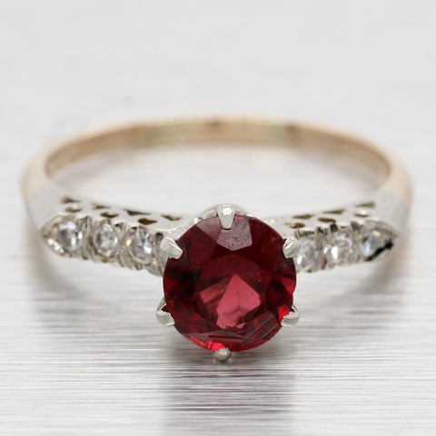 Antique Art Deco Oval Garnet Engagement Ring w/ Diamond Accents - 14k Gold