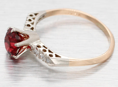 Antique Art Deco Oval Garnet Engagement Ring w/ Diamond Accents - 14k Gold