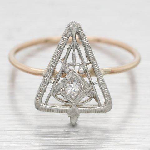 Antique Art Deco 0.05ct Diamond Triangular Cocktail Ring - 14k White Gold