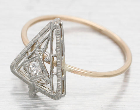 Antique Art Deco 0.05ct Diamond Triangular Cocktail Ring - 14k White Gold