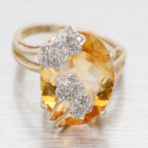 Vintage Large Citrine & Diamond Flower Cocktail Ring - 10k Yellow Gold