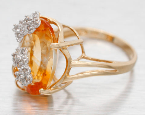 Vintage Large Citrine & Diamond Flower Cocktail Ring - 10k Yellow Gold