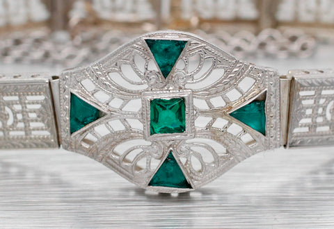 Antique Art Deco Green Emerald Filigree Bracelet - 14k White Gold - 7.75"