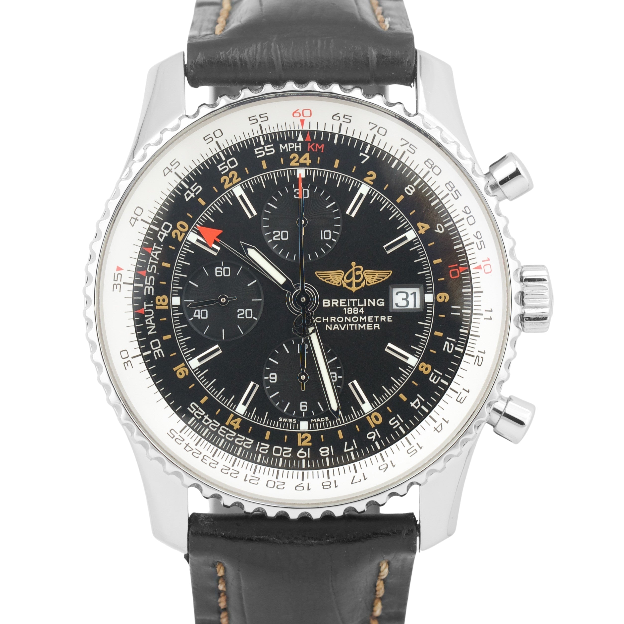 Breitling Navitimer World GMT Black Stainless Leather Chronograph 46mm A24322