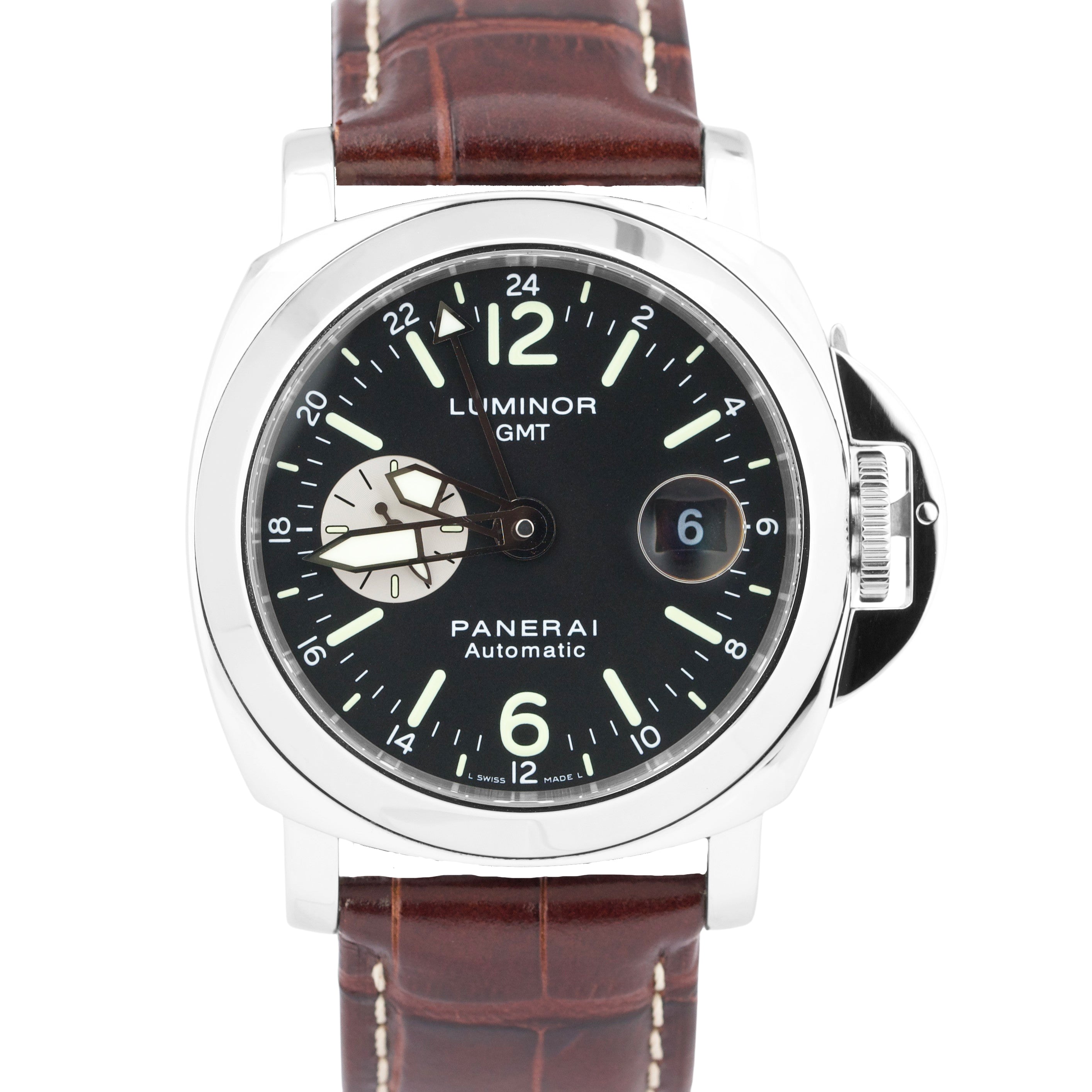 MINT Panerai Luminor GMT PAM88 Automatic Black Leather Steel 44mm Watch PAM00088