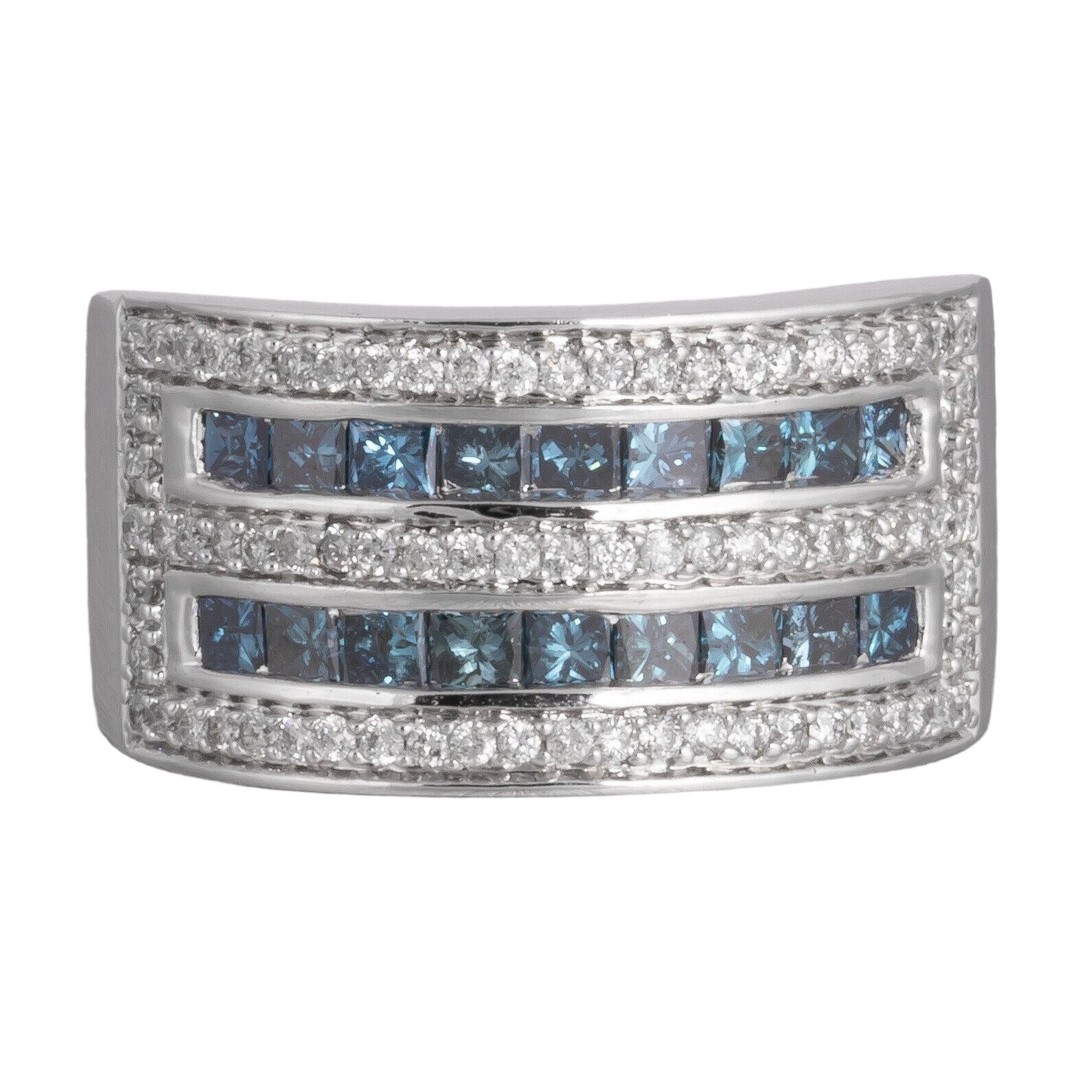 14k White Gold Wide Five Row White & Blue Diamond Band 1.60ctw Ring Size 6.75