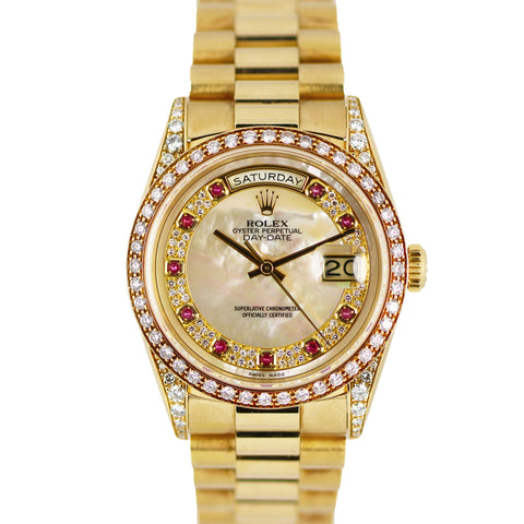 UNPOL. Rolex Day-Date President 18k Yellow Gold DIA Rubies MOP 36mm 18388 Watch