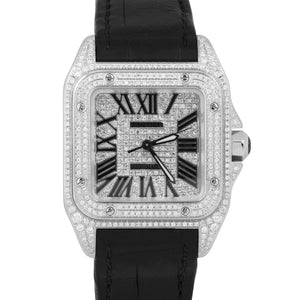 Cartier Santos 100 33mm PAVE DIAMOND Stainless Steel Roman Leather 2878 Watch