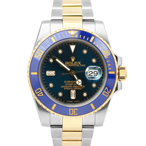 Rolex Submariner 18K Two-Tone Yellow Gold BLUE DIAMOND DIAL 116613 Date Watch