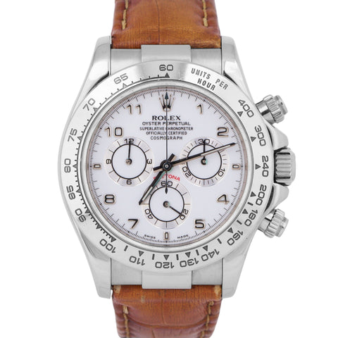 Rolex Daytona Cosmograph WHITE ARABIC 18K White Gold Brown Leather Watch 116519