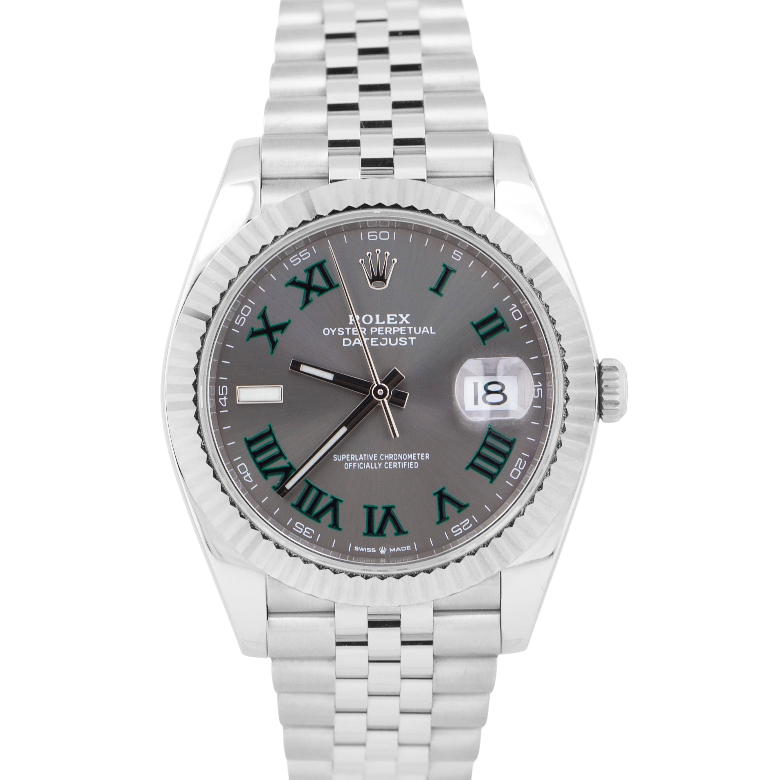 MINT Rolex DateJust 41mm WIMBLEDON Fluted Rhodium JUBILEE Steel Watch 126334