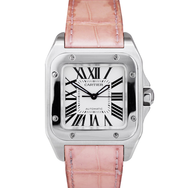 Cartier Santos 100 Midsize Automatic PINK Stainless Leather Watch 2878