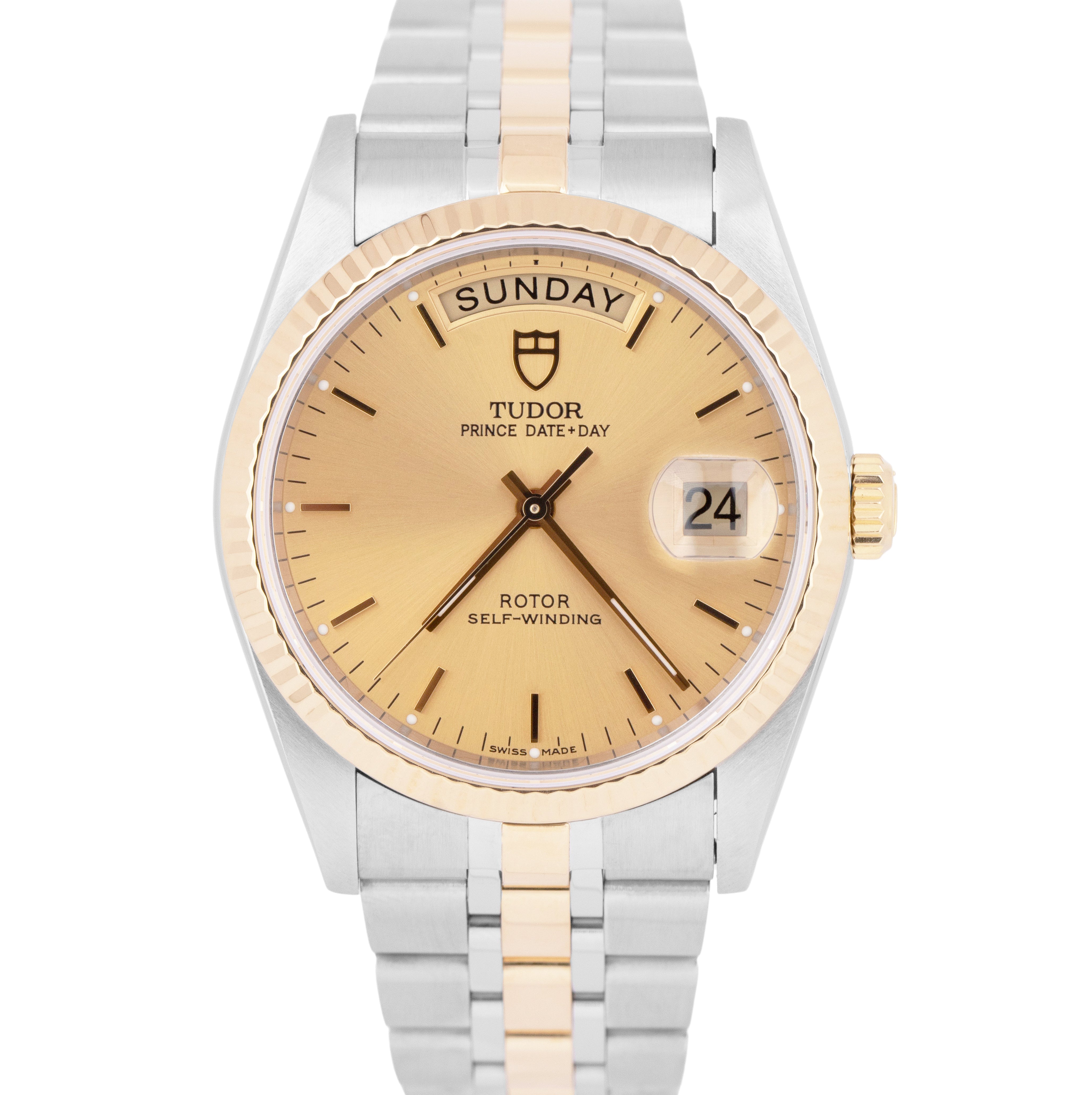 Tudor Prince Date-Day PAPERS Champagne Dial 18K Gold Steel 36mm 76213