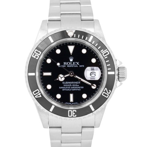 Rolex Submariner Date Black NO-HOLES Stainless Steel REHAUT 40mm 16610 Watch