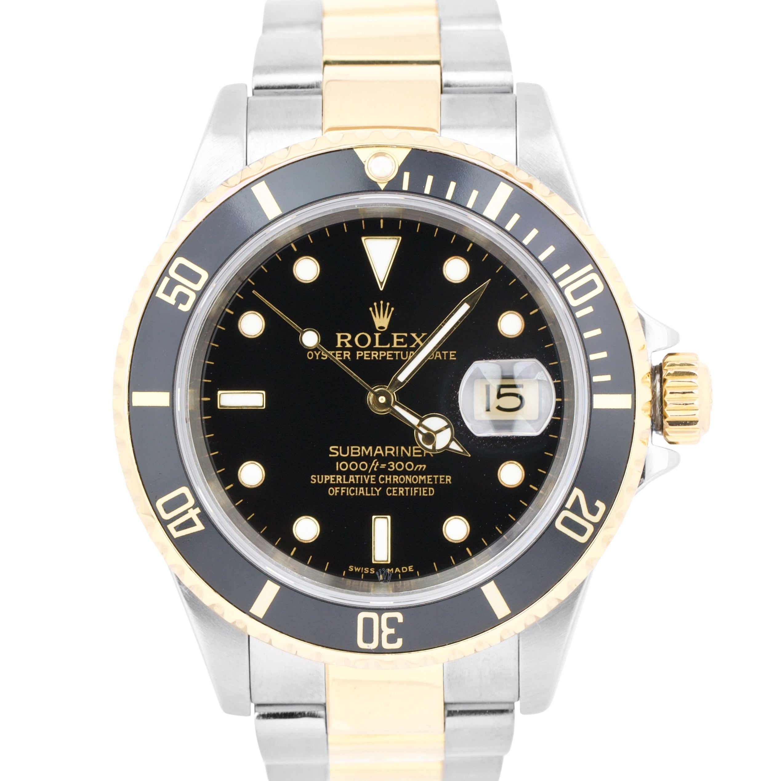 Rolex Submariner Black Two-Tone NO HOLES CASE 18K Yellow Gold 16613 40mm B+P