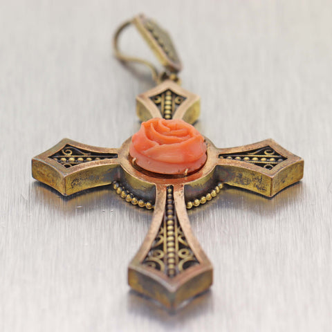 1880's Antique Victorian 14k Yellow Gold Carved Coral Cross