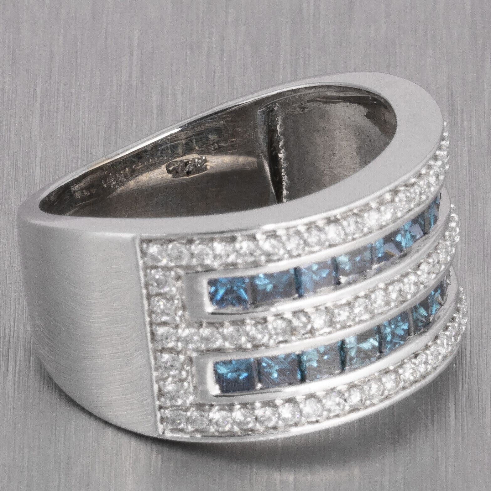 14k White Gold Wide Five Row White & Blue Diamond Band 1.60ctw Ring Size 6.75