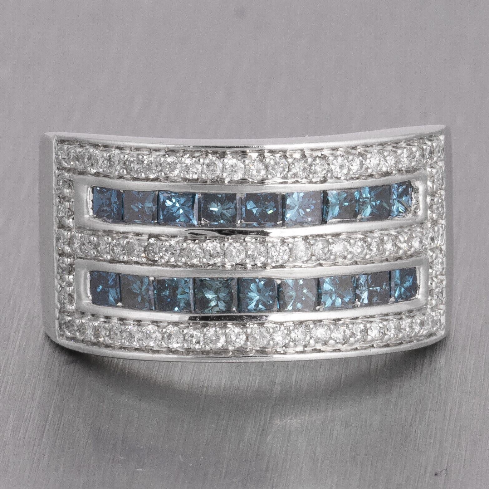 14k White Gold Wide Five Row White & Blue Diamond Band 1.60ctw Ring Size 6.75