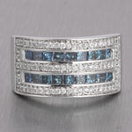 14k White Gold Wide Five Row White & Blue Diamond Band 1.60ctw Ring Size 6.75