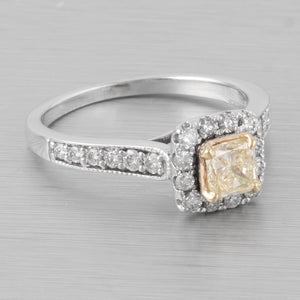 14k White Gold Princess Cut Fancy Yellow Diamond Halo Ring 0.75ctw sz 6.75