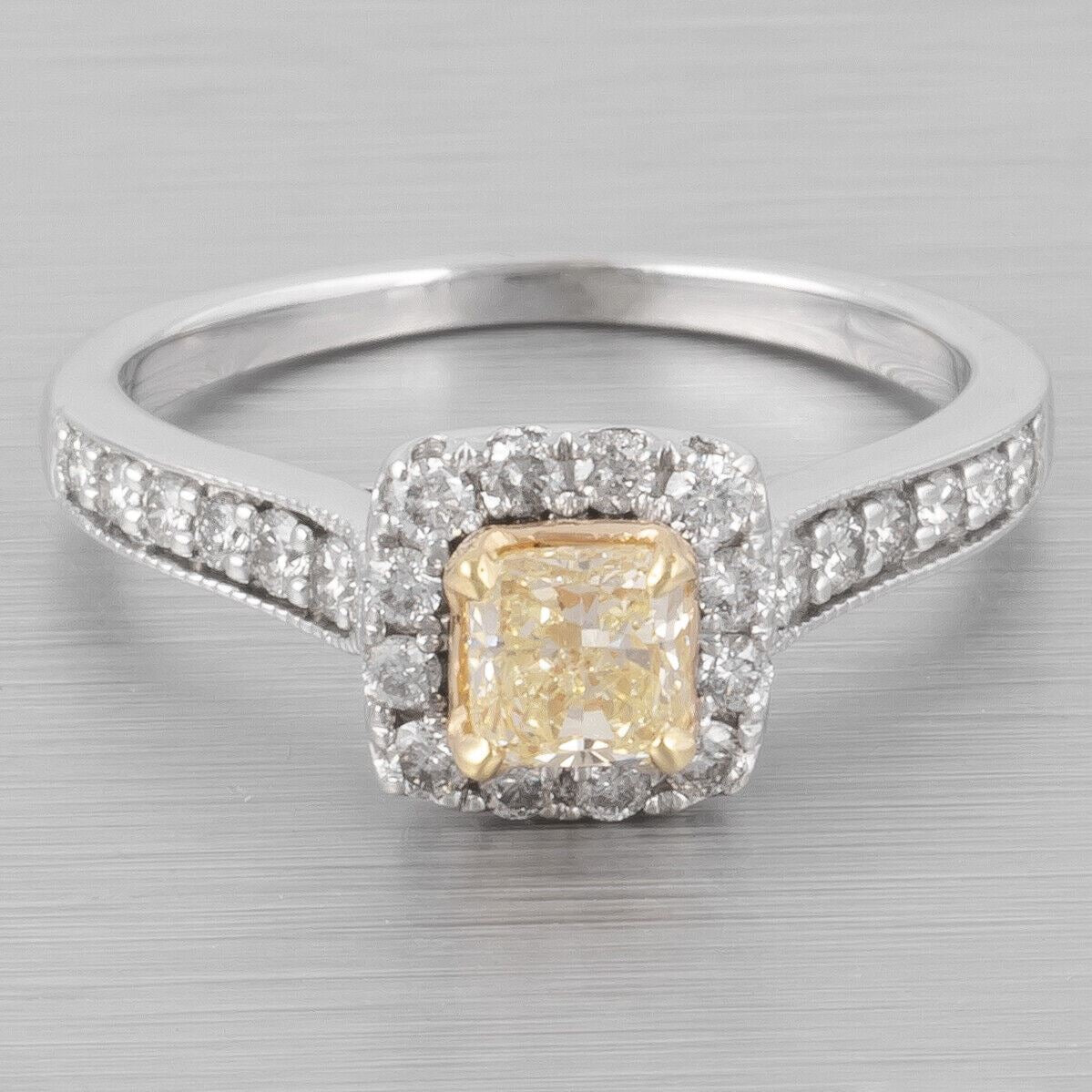 14k White Gold Princess Cut Fancy Yellow Diamond Halo Ring 0.75ctw sz 6.75