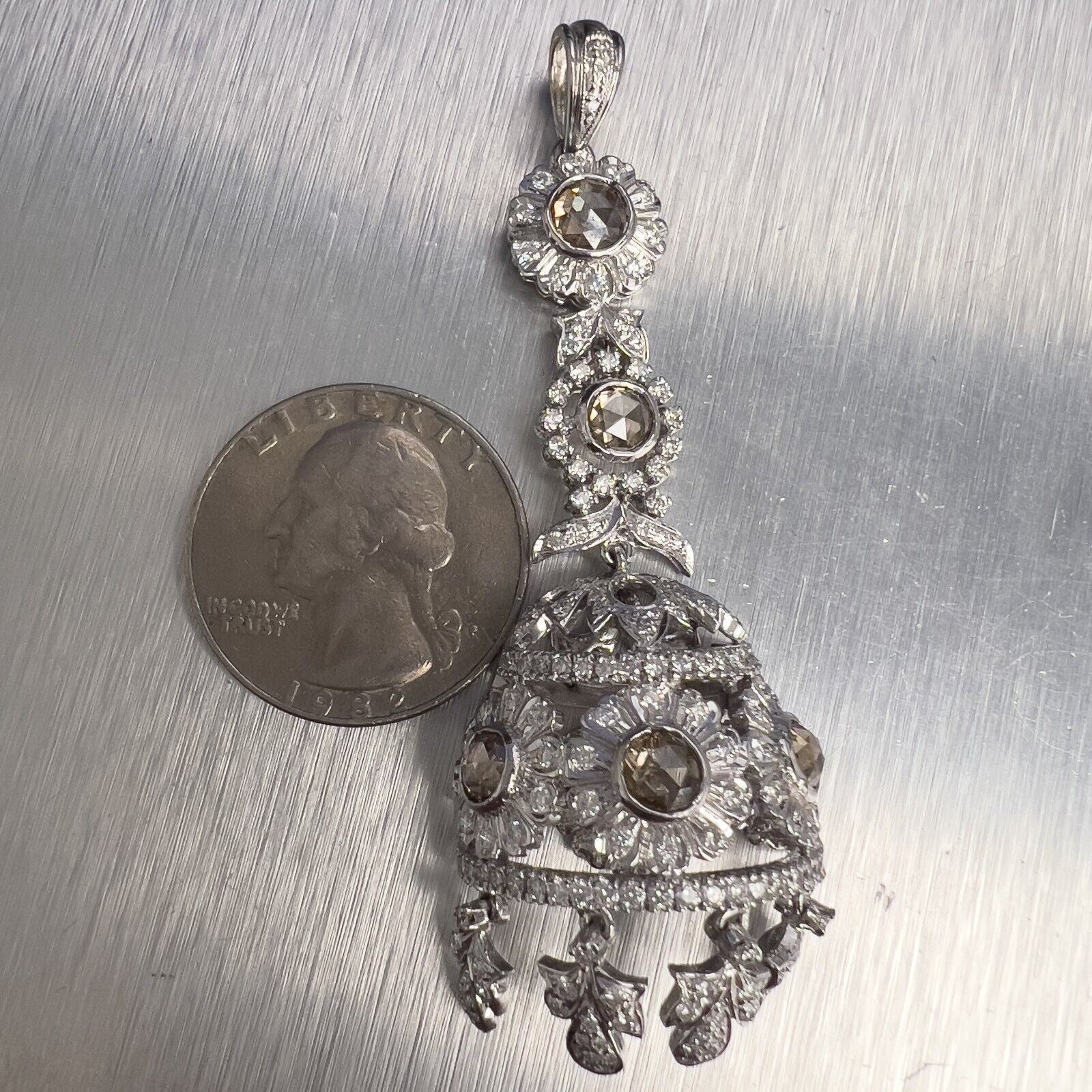 Antique Art Deco 18k White Gold Diamond Filigree Floral Pendant 1.70ctw